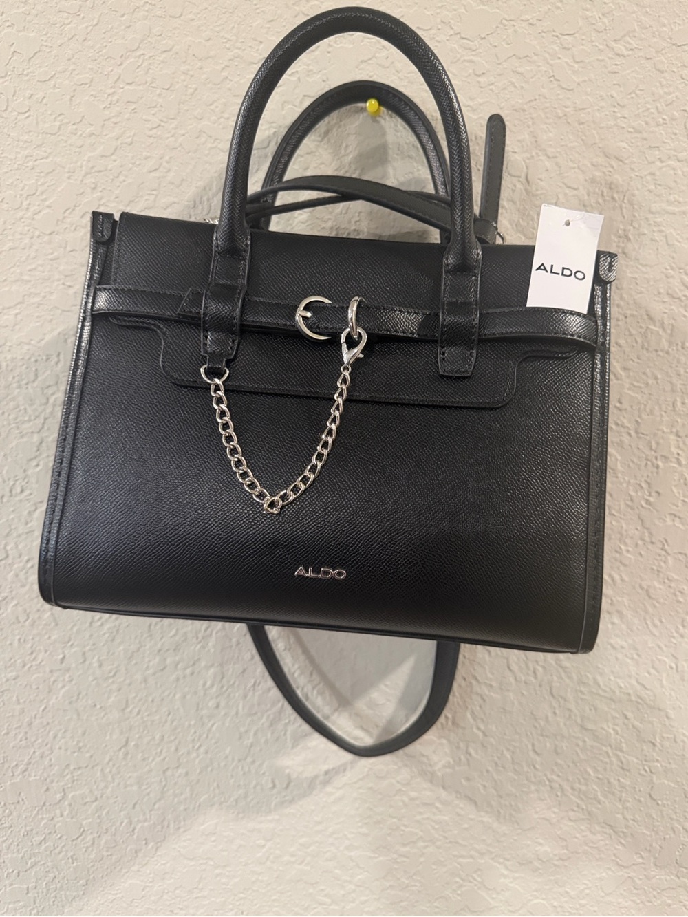ALDO Black Top-Handle Satchel with Silver Chain Accent